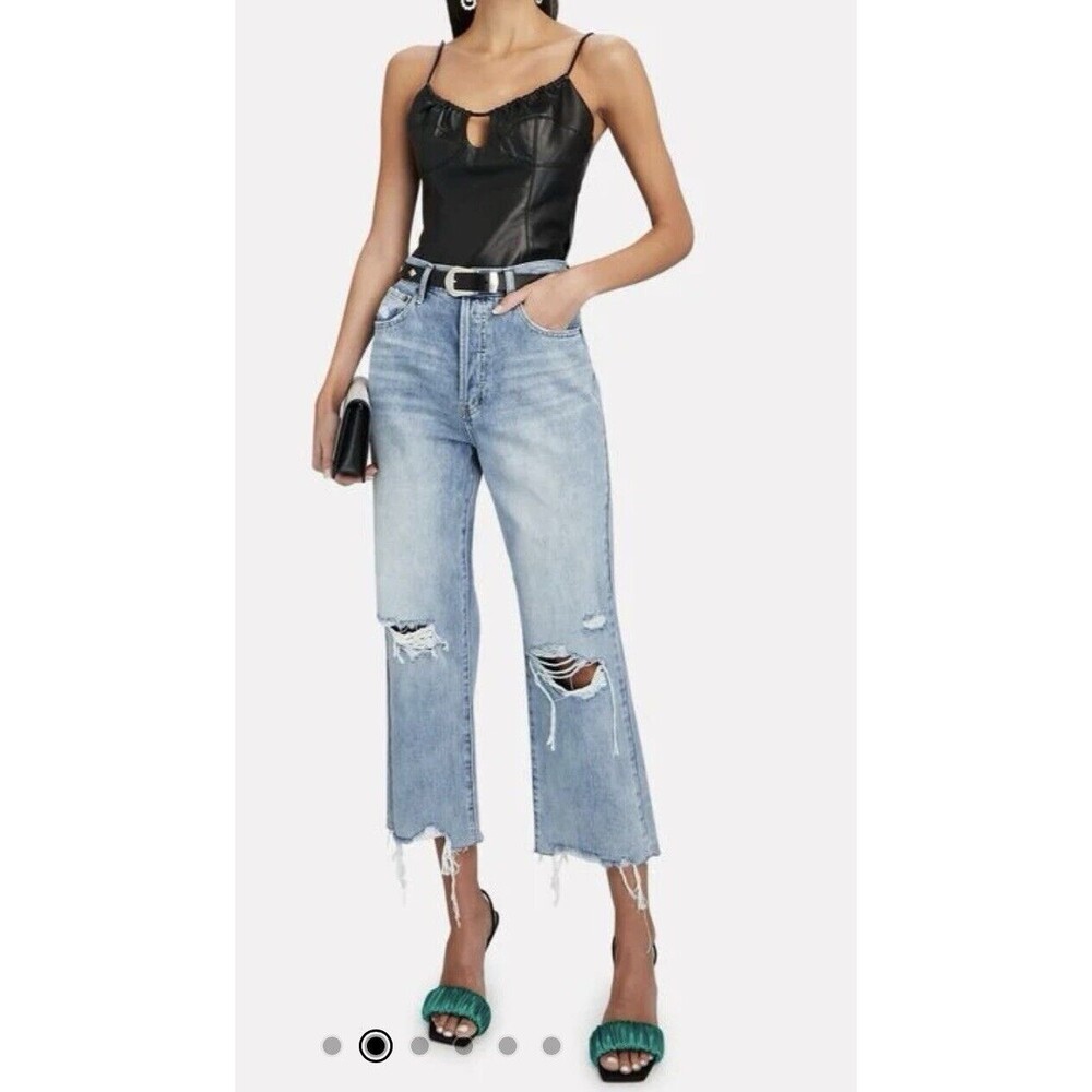Light Blue Distressed Wide-Leg Crop Jeans